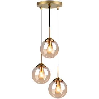 HJXDtech Industrielle Vintage Messing 3-Fläming Pendelleuchte Cluster, Bernstein Glaskugel Hängelampe Kronleuchter E27 Fassung Deckenleuchte für Küche Wohnzimmer
