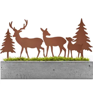 Gartenstecker Weihnachten Hirsch Deko, 2er Set Deko Rehe und Hirsche mit 2 Tannen, Weihnachtsdeko Roststecker Weihnachten, Gartenstecker Rost Metall Wetterfest, Gartendeko Rost Deko Baumstecker