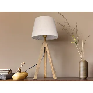 Große Dreibein Tischlampe Holzfuß mit Stoff Lampenschirm Creme Beige, Höhe 55cm - Creme, Beige