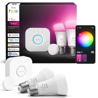 Philips Hue Starter Set Bridge + 2 E27 Smarte Lampen + Smart Button 2 St. Weiß