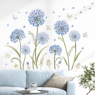 decalmile Wandtattoo Blumen Blau Löwenzahn Wandaufkleber Pusteblumen Schmetterling Wandsticker Wohnzimmer Schlafzimmer Badezimmer Wanddeko