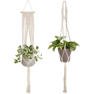 Makramee Blumenampel Hängend Innen, 2er Set Boho Deko Makramee Hängeampel mit Haken, Baumwollseil Blumentopf Hängend, Boho Zimmer Deko Aesthetic, Hängepflanzen Topf für Balkon Fenster Deko (Creme 2)