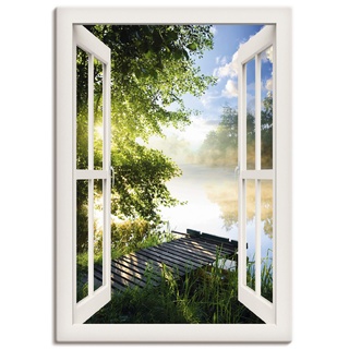 ARTland Wandbild »Fensterblick Angelsteg am Fluss«, Fensterblick, (1 St.), als Alubild, Outdoorbild, Leinwandbild, Poster, Wandaufkleber, weiß