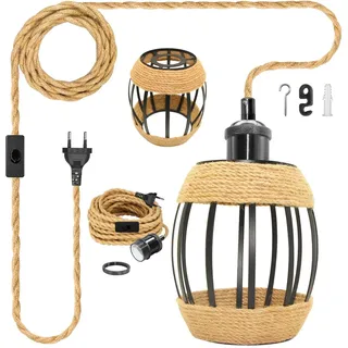 Industrielle Hanfseil Hängeleuchte mit Stecker, 5.1M Vintage Pendelleuchte Kit mit Schalter, Fassförmig Hanfseil Metall Lampenschirm Hängelampe, Messing E27 Lampefassung, für Veranda, Ohne Glühbirne