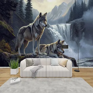 PaxGloz Fototapete Wölfe Tapete Wolf Wald Wasserfall Tapeten Vliestapete Modern Wandtapete Wohnzimmer Schlafzimmer Kinderzimmer Wanddeko Motivtapeten 416 x 254 cm (B x H)