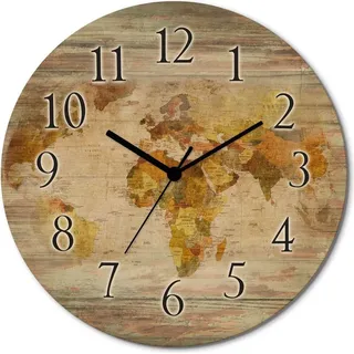 ARTland Holz Wanduhr Funkuhr - schwarzer Zeiger Weltkarte Größe: 30x30 cm - Braun