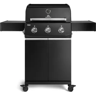 BURNHARD® FRED Base Gasgrill 3-Brenner, Edelstahlrost, Schwarz-Matt | Abklappbare Seitentische, Aludruckguss-Edelstahl-Brennkammer, 11.25 kW Leistung