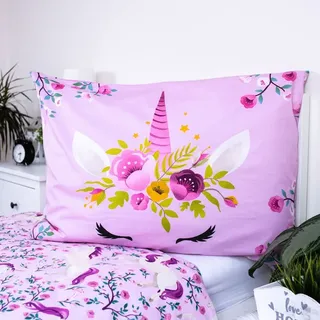 COFI 1453 Einhorn Wende Bettwäsche Blumen Rosa 140 x 200 cm + 70 x 90 cm