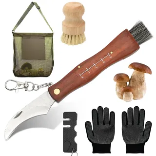 LOMUG Pilzmesser mit Bürste und Lineal, Taschenmesser Klappmesser Edelstahl Pilzsammler Messer für Champignon/Trüffel, Schwammerlmesser Mushroom Knife mit Handschuhe Pilzbürste Pilzsammeltasche
