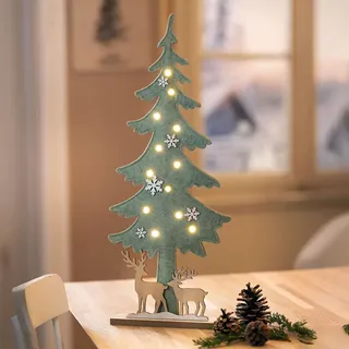LED Weihnachtsdeko "Tanne" aus Filz, 60 cm hoch, Tannenbaum grün mit Rentieren, Winterdeko - Grün