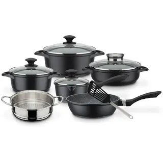 GSW Gourmet Granit Topf-Set 5-tlg. Kochtopf + Dampfgareinsatz + Servierpfanne + Schmorpfanne + Stieltopf