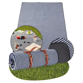 Haus Projekt Picknickdecke Wasserdich Marineblau Gestreifte, Weiche 200 x 150cm Stranddecke, Outdoor Picnic Blanket, Campingdeck Gerollt mit Tragegriff, Waschba Picnic mat, Wanderzubehör