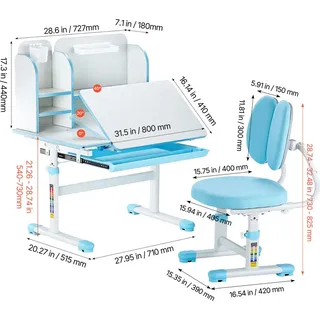 Vevor Kinderschreibtisch mit Bücherregal 54-73 cm MDF blau