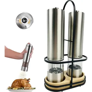 ZELURXX 2 Stk Salz und Pfeffermühle set, Elektrisch Gewürzmühle, Schleifen auf Knopfdruck, Einstellbares Schleifen, mit Aufbewahrungsbügel, Silber - Silber