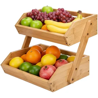 Relaxdays Obst Etagere Bambus, 2 Etagen, HBT 26,5x30x25 cm, Korbetagere, Obst, Gemüse & Gebäck, Obstschale Küche, Natur
