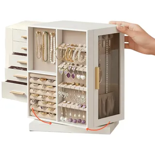 Avilia Schmuckkästchen aus Samt drehbar aus MDF, 5 Schubladen, 18 Haken für Halsketten, 48 Löcher Ohrringe, 8 Fächer Ringe – Organizer 360° eleganter Schmuck, Geschenkidee