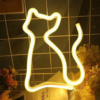 LED Neon Schild Katze Gelb 23x17cm - Cat Silhouette Wanddeko - Dual USB oder Batterie Nachtlicht - Gelb