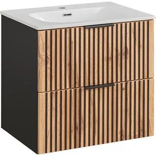 Badmöbel Waschtisch mit Unterschrank 60 cm XANTEN-56 in anthrazit mit Eiche Nb. schwarz gerillt, B/H/T: ca. 61/58,5/46 cm - Braun