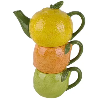 Ambia Home Teeset , Gelb, Grün, Orange , Keramik , 3-teilig , Obst , Lfgb , Teekanne mit Deckel, handbemalt , Geschirr, Kannen & Karaffen, Teekannen