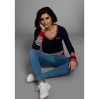 KangaROOS V-Ausschnitt-Pullover KANGAROOS, Damen, Gr. blau (marine, rot), Feinstrick, Obermaterial: 50% Baumwolle, 50% Polyacryl, gestreift, Basic hüftbedeckend, V-Ausschnitt, Strickbündchen, Pullover V-Ausschnitt-Pullover, im tollen Streifen-Farb-Mix, Topseller