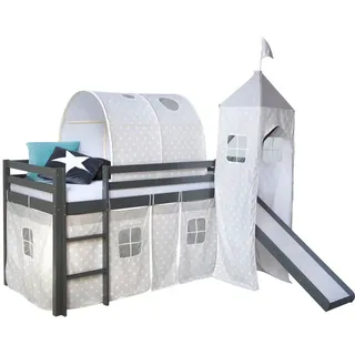 Homestyle4u Hochbett mit Vorhang Rutsche Tunnel Turm 90 x 200 cm Kiefer massiv grau Sterne