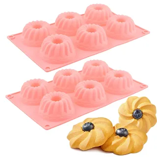 Luxvara 2 Stück Mini Gugelhupfform Silikon, Silikon Muffinförmchen, Savarin Tartelette Förmchen, Wiederverwendbare Antihaft-Backformen für Muffins, Cupcakes, Schokolade, Gelee (Rosa)