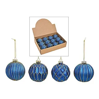 MC-Trend 12er Set edle Luxus Glas Weihnachtskugeln Ø 8cm Weihnachtsbaum Kugeln Christbaumkugeln Weihnachts Deko (BLAU Gold)