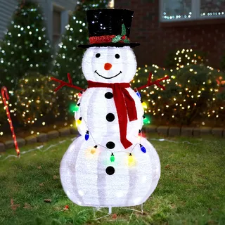 FCH LED-Schneemann Weihnachtsfigur Weihnachtsdekoration mit 100 LED-Lichtern,70 x 60 x 120cm,Weihnachtsbeleuchtung für Innen und Außen - Weiß, Rot