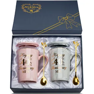 Rubinhochzeit Geschenke zum 40 Hochzeitstag 2PCS Mr Mrs Keramik Marmor Tassen Set 14 Oz, 40. Hochzeitstag Geschenke für Eltern, Rubinhochzeit Geschenk Paare Kaffeetassen für Frauen Männer Paare