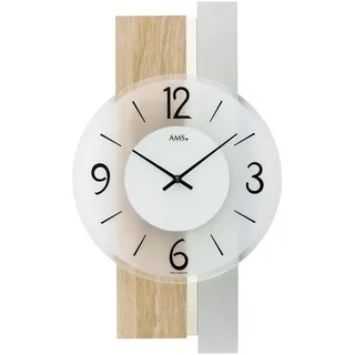AMS 9554 Wanduhr Quarz analog silbern modern Holz Sonoma Optik mit Glas - Silber, Braun