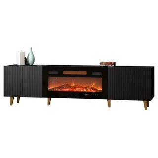 Mirjan24 TV-Lowboard Pafos 180 mit Kamin, Stilvoll Schlafzimmer Kollektion, TV-Schrank, Modern TV-Kommode (Farbe: Schwarz / Gold Füße, mit Kamin Schwarz) - Schwarz, Gold