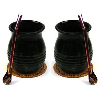Mate-Tee becher Set für Zwei | Keramik becher Roches 360ml mate tee tasse | Edeltahl trinkhalm Bombilla und kokrpad | Stainless steel Straw bombilla and ceramik yerba mate tea cup