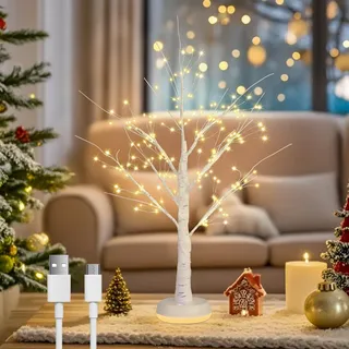 GOESWELL LED beleuchteter Tisch-Birkenbaum mit beleuchtbarem Sockel, Typ-c betriebene Baumlampe, Indoor künstlicher Baum für Hochzeit Urlaub Haus Weihnachtsdekoration (Birkenbaum)