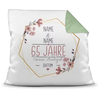 Kissen Hochzeitstag Eiserne Hochzeit - mit Name & Datum selbst gestalten - 65 Jahre Ehe, Geschenk Hochzeit, Jubiläum, Jahrestag - Hochzeit Farbkissen Rückseite Grün, 40x40 cm I Personalisiert