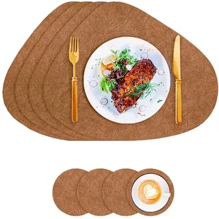 Tischsets Kunstleder und Untersetzer, Tischsets Abwaschbar Doppelseitigen rutschfest Rund Platzdeckchen, Lederoptik Platzsets Teller Untersetzer, Isolierung schützt den Tisch (Braun)