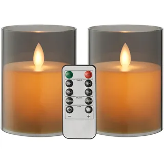 Koelaa Flackernde LED-Kerzen mit realistischer Flamme, 2er Set, Batteriebetrieben, mit Fernbedienung & Timer, Grau, Acryl - Kunst Kerzen für Party, Weihnachten, Hochzeit, Deko-7.5 x 10cm