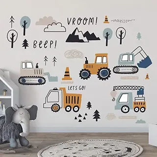 Mulaibdin 37 Stk Wandtattoo Kinderzimmer Junge Auto, Wandsticker Kinderzimmer Traktor, Deko Kinderzimmer Wandsticker, Konstruktion Bagger Tapete Kinderzimmer, Baustelle Wandaufkleber für Baby