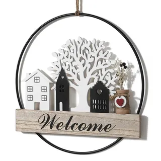 QILICZ Trockenblumenkranz Türkranz Willkommen Türkranz Trockenblumen Türkranz personalisiert Dekokranz ø28cm mit Welcome Schild Trockenblumen Lebensbaum und Haus