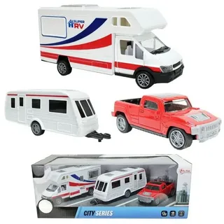 Toi-Toys International Toi-Toys - Modellfahrzeug Set - Wohnmobil + Wohnwagen + Pick-Up-Truck