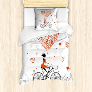 ABAKUHAUS Valentines Mantele, Romantische Radfahrer Mädchen, Milbensicher Allergiker geeignet mit Kissenbezügen, 135 cm x 200 cm - 80 x 80 cm, Rot Schwarz Weiß