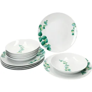 MamboCat Eukalyptus 12tlg Tafelservice I weiße Porzellan-Geschirr mit grünem Pflanzen-Dekor für 6 Personen I 6X Suppenteller & 6X Speiseteller I Essteller & Tiefe Teller für Suppe, Pasta & Co.