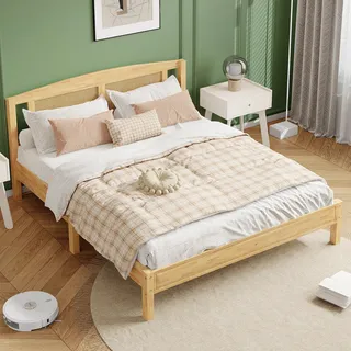 STILVORA Rattanbett 160×200 cm Doppelbett aus Kiefernholz & PE-Rattan, Bettgestell mit 15 Latten & Mittelfüßen, Jugendbett / Erwachsenenbett Natur, ohne Matratze - Naturbelassen