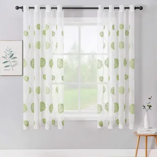 MIULEE Vorhänge mit Florales Stickerei, Gardinen Weiß mit Grün Muste für Wohnzimmer, Schlafzimmer Vorhang Transparent mit Ösen, 2er Set Voile Blumen Durchsichtig Vorhänge, Jeder H 145 X B 140cm