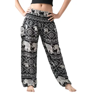B BANGKOK PANTS Damen Haremshose, Boho, Hippie, Yogahose mit Taschen, Locker Fließend Yoga-Hose, Schwarzer Elefant, Einheitsgröße