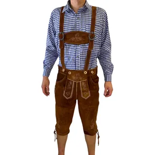 Premium Deluxe Lederhose Herren Tracht Kneelength Trachtenhose Herren Traditional Lederhose Mit Riemen für Herren Hose Mittelbraun, Größe: 50 Farbe: Braun - Braun