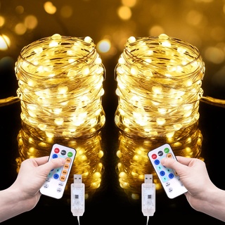 CMYK Led Lichterkette USB,2 Stück 12M 120 LED Lichterkette mit Timer und Fernbedienung 8 Modi lichterkette weihnachten Kupferdraht Lichterkette Innen für Weihnachten, Party, Hochzeit, Zimmer