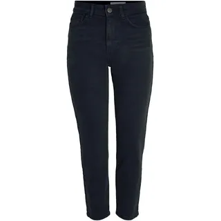 Noisy May Damen Straight Fit Cropped Jeans High Waist Denim Stretch Hose Raw Wash Pants NMMONI, Farben:Schwarz, Größe:30W / 32L, Z-Länge:L32