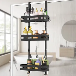 yeaupe pro Duschregal zum Hängen 3 Etagen – Duschregal Ohne Bohren für Glasduschwand, mit 2 Saugnäpfen, 6 Haken – Robuster Metall Badezimmer Organizer 78 cm, bis 18 kg Belastbar (Schwarz)