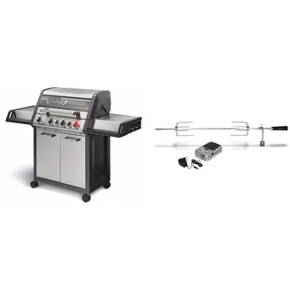 Enders Gasgrill MONROE PRO 4 SIK TURBO, 4-Brenner mit Kocher, Backburner-Infrarotbrenner, PanoVision Sicht, Guss-Rost #8378 & 7903 Grillspieß Set für BBQ Gasgrills Boston, Silber, 100x3x3 cm