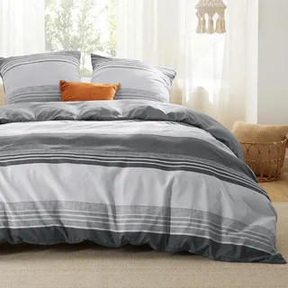 BEDSURE Bettwäsche 220x240 3teilig Bettbezug - Bettwäsche-Sets Grau 220 x 240 cm mit 2 Kissenbezüge 80x80 cm, ÖKO-TEX Wendebettwäsche Bedding Grau Gestreift Muster mit Reißverschluss